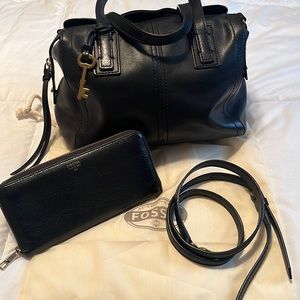 Black Fossil Sydney Satchel 1 Adjustable & Detachable Shoulder Strap, 2 Handles.